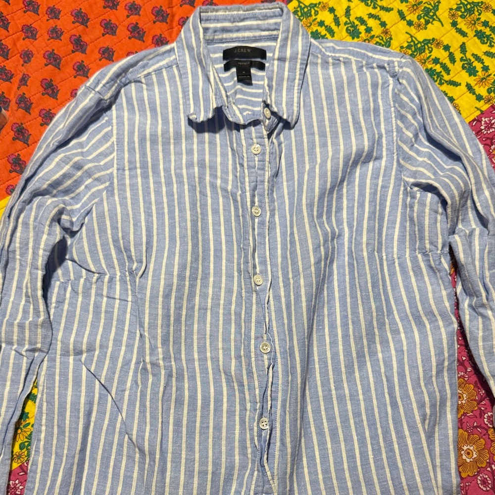 J. Crew Light Blue and White Striped Casual Shirt